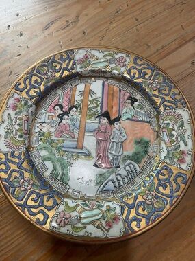 Vtg Chinese Mandarin Hand Painted Raised Enamel Large 10.5" Plate Stamp Pastels